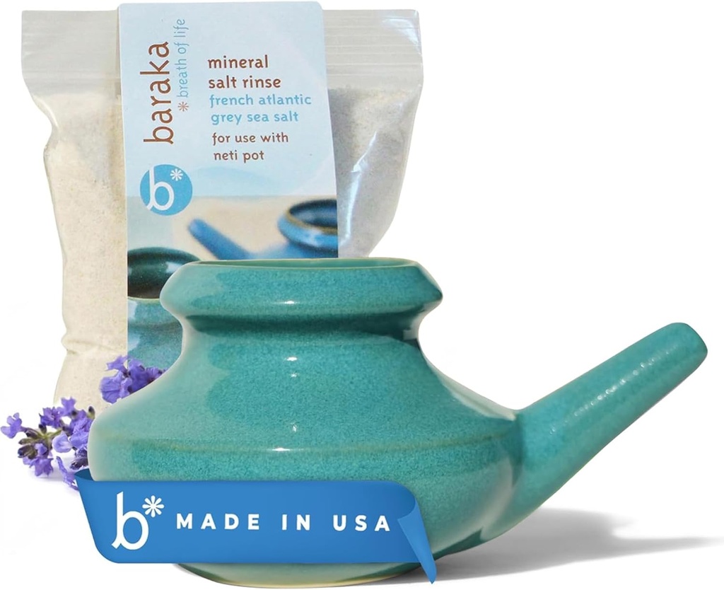 Baraka Neti Pot Tool Kit - Snoring & Saline Solution, ručně vyráběné Keramické myčky nádobí trezor s 2oz Mineral Sea Salt pro čištění nosu & Sinus Rinse ideální pro alergickou úlevu u dospělých a dětí (Jade)