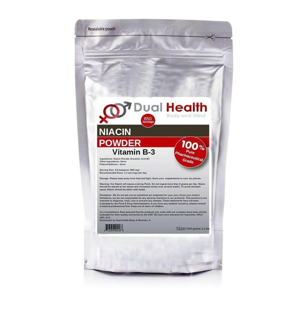 Niacin Powder (2,2 lbs - 1 kg) Vitamin B3 Bulk dodatek okamžitě uvolněte Niacin s flush Nikotinová kyselina Non- GMO, Vegan, gluten Free Fast Absorpce No GMO, Fillers, Additiva, kovy