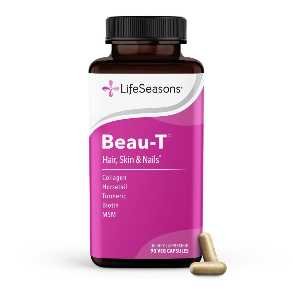 LifeSeasons Beau-T - Vlasy, hřebíky a pleťové doplňky - Podporuje zdravý růst vlasů a nehtů - Podpora jasné kůže a boje Acne - Zesilovač nehtů - Obsahuje Biotin Collagen Turmeric - 90 Kapsle