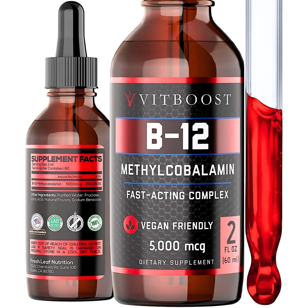 Vegan Liquid B-12 Drops - 60 x 5000 mcg Extra Strength Raspberry Ochucený vitamin B12 Tekutý methylkobalamin sublingvální dodatek 124; Určeno k maximalizaci absorpce a energie 124; Gluten zdarma