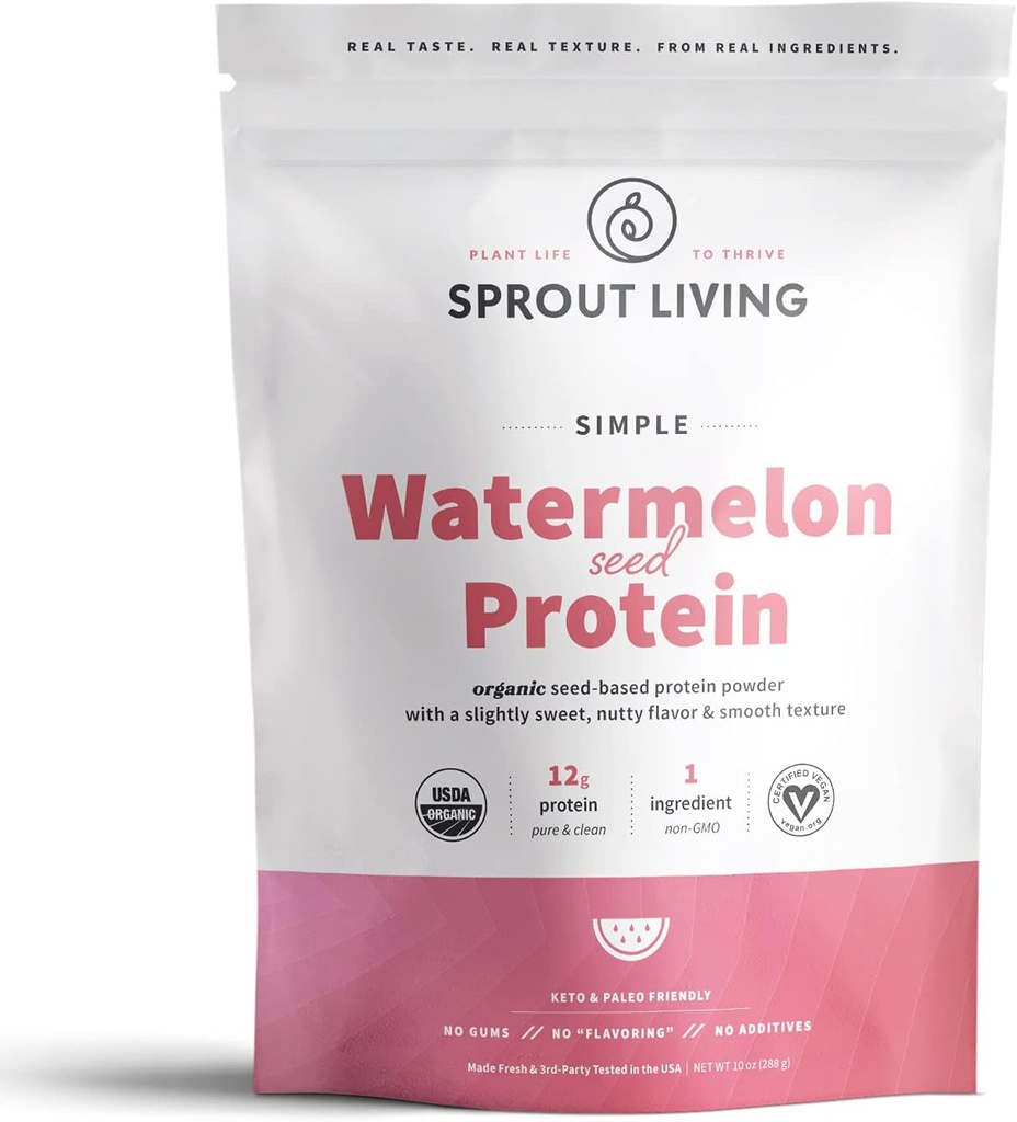 Sprout Living Simple Watermeloun Seed Protein Powder, 12 Grams Organic Plant Based Protein Powder Without Icide Sweeteners, Non Dairy, Non- GMO, Vegan, Gluten Free, Keto Drink Mix (10 oz)