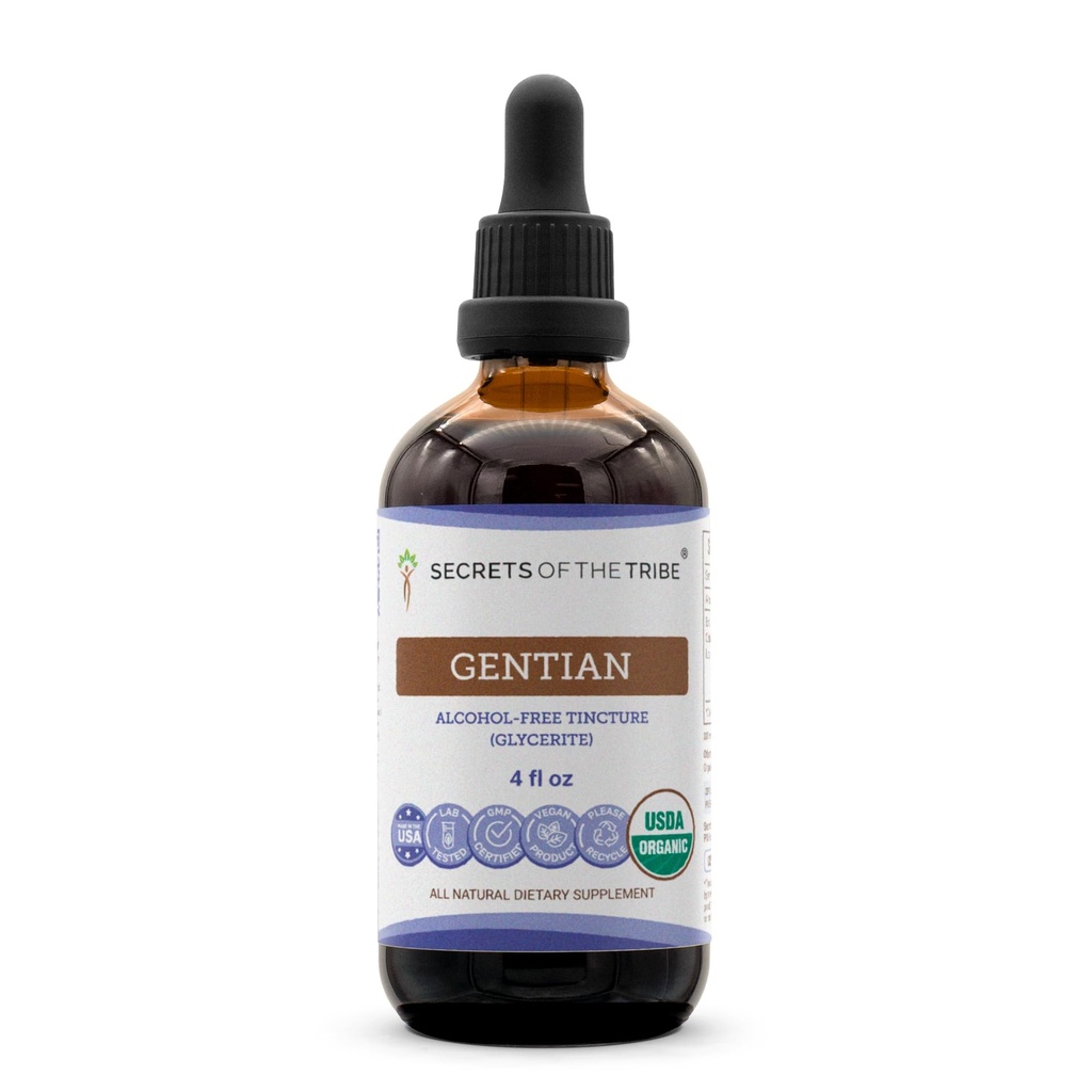 Tajemství kmene Gentian USDA Organic CLANE124; Alkoholo- Free Extract, High- Potency Bylinné Drops CLANE124; Vyrobeno ze 100% Certified Organic Gentian (Gentiana Lutea) Sured Root (4 oz)