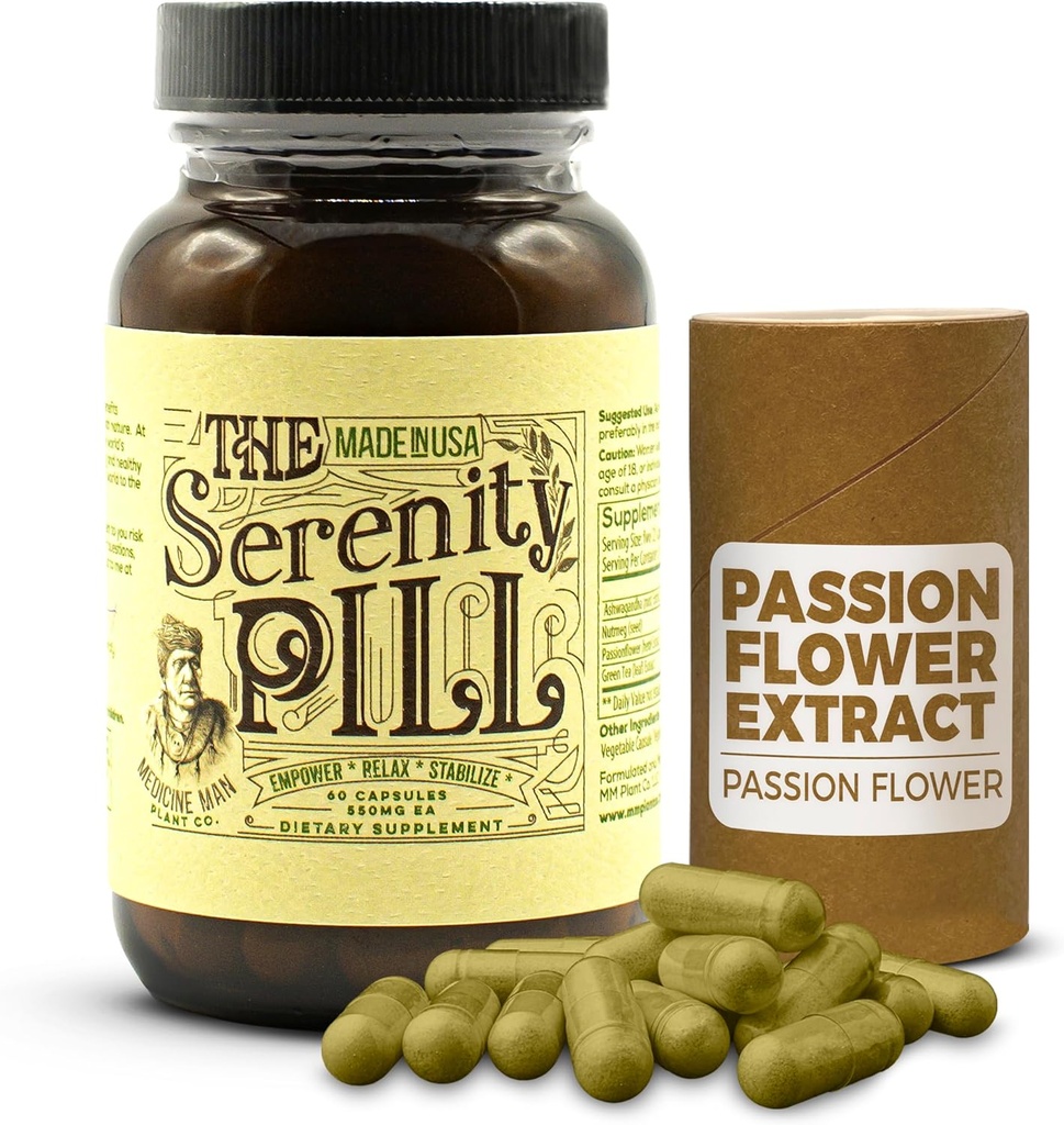 The Serenity Pill 60 Caps - Organic Mood Pills & Anti Stress Supplement w / Ashwagandha Root Extract, Passion Flower Extract, Nutmeg & Green Tea Extract - Přírodní Passion Flower Supplement for Stress