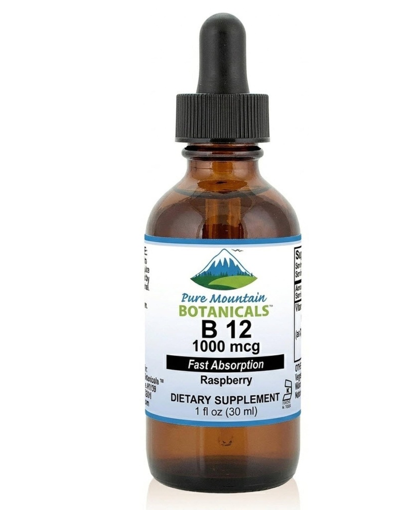 Čisté horské botaniky B12 Vitamin 1000 mcg - Kosher Liquid B12 Kapky s přírodní Berry Flavor