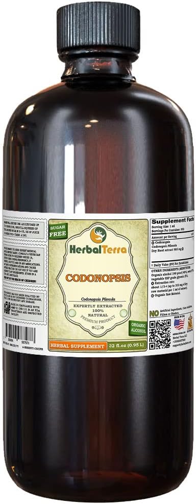 Codonopsis (Codonopsis Pilosula) tinktura, organický sušený kořenový tekutý extrakt (značka: HerbalTerra, Proudly Made in USA) 32 fl.oz (0,95 l)