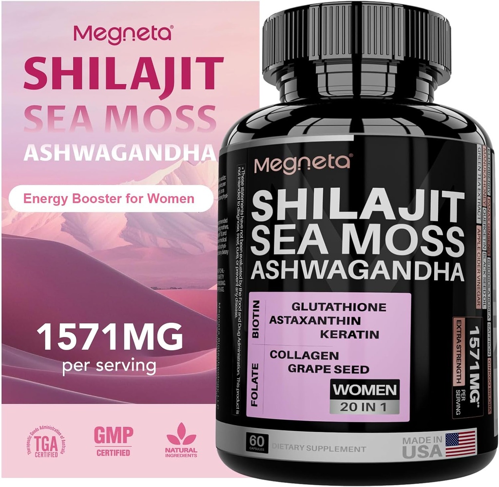 All- in - One Sea Moss, Shilajit, Ashwagandha & Glutathione dodatek pro ženy, zvyšuje energii, 60 Kapsle