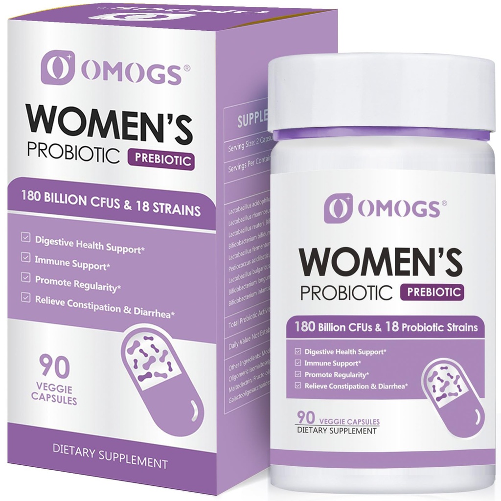 OMOGS Ženský Probiotický 180 Milionů CFU 18 Stravovací, s organickou Prebiotika, Cranberry Extract, D- Mannose & Digestive Enzymy, pro trávicí, Zvýšení imunity, PH Balance & Urethral Health, 90 Kapsle