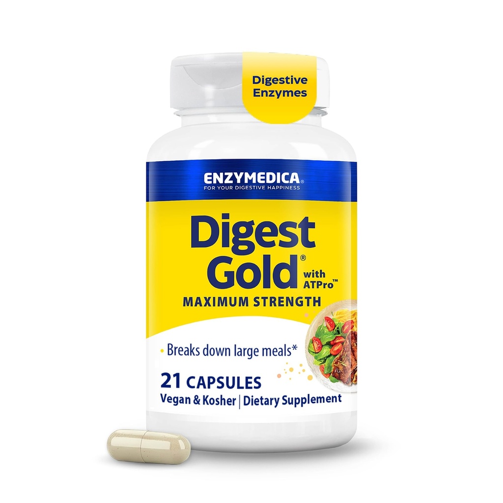 Enzymedica Digest Gold + ATPro, Maximální síla Enzyme Formule, Prevents Bloating and Gas, 14 Klíčové enzymy včetně Amylázy, Protézy, Lipázy a laktázy, 21 Kapsle (FFP)