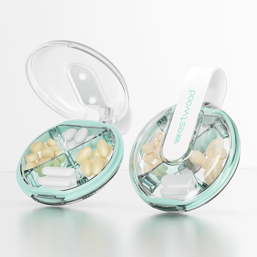 Pouzdro pro malé pilulky, Roztomilý box na plotýnky pro kabelku a kapsu, 4 kompartment odstranitelný držák na plotýnky, portable Travel Pill Organizátor pro vitamíny, doplňky, rybí oleje (zelené)