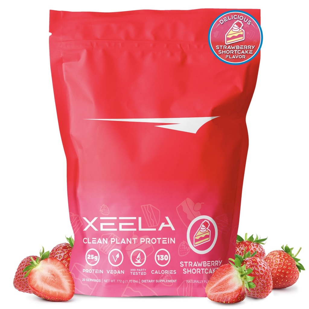 XEELA Plant Based Vegan Protein Powder - Nezávisle testováno - 25g High Protein, Pea Protein for Men & Women - Vitamíny a minerály, Non GMO, Dairy & gluten Free, LowCarb & LowFat (Jahodový koláč)