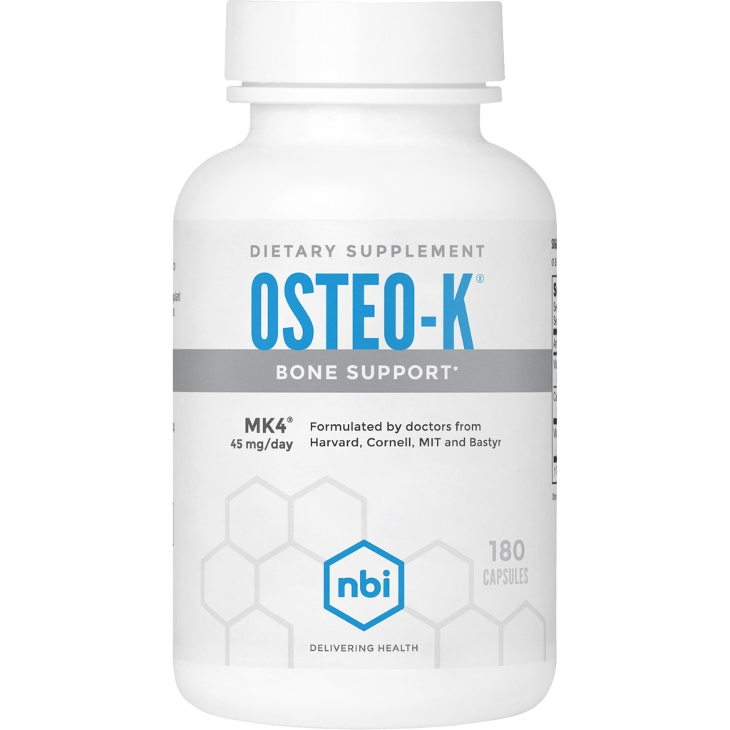 NBI Osteo- K Kostní podpora CLAS124; Vitamin D & K komplex s doplňkem vápníku Citrát CLAS124; 45mg vitamin K2 (MK4) pro silné zdraví kostí a funkce CLAS124; 180ct Veggie Kapsle