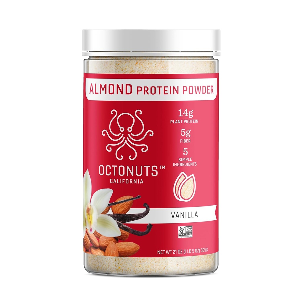 Octonuts Vanilla Almond Protein Powder 21oz - Plant Based Vegan Protein - Clean Low Carb Blend with 14g Protein, 5g Fiber - Keto, Paleo, Gluten Free, Non-Dairy - Ideální pro třepačky, Smoothies, nebo pečení