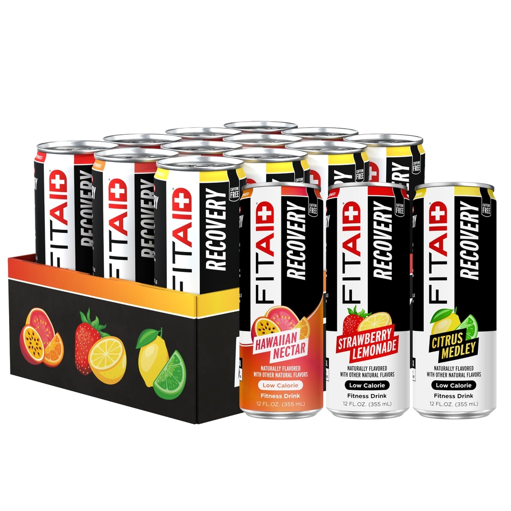 FITAID Recovery Blend, Variety Pack, BCAA, Glucosamine, Electrolytes, Omega-3s, Green Tea, 100% Clean, Paleo, Vegan & Gluten- Free, Přirozeně slazené a ochucené, 12- oz. plechovky (balení po 12)