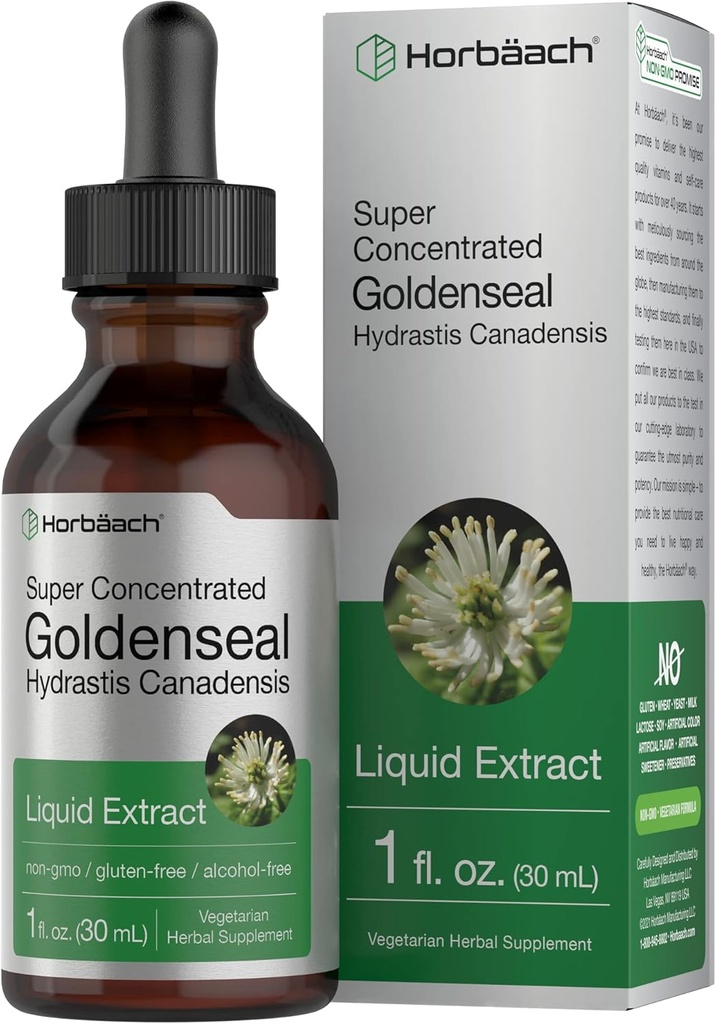 Horbäach Goldenseal Root Tincture Côte 124; 1 Fl Oz Côte 124; Liquid Extract Supplement Côte 124; Hydrastis Canadensis Herb Drops Côte 124; Alkohol Free Côte 124; Vegetarian, Non- GMO, a gluten Free