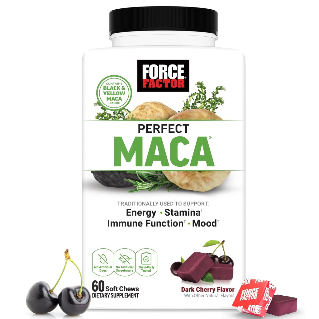 FORCE FACTOR Perfect Maca, Maca Root a DIM dodatek se Saffron na zvýšení energie a nálady, se žlutou a černou Maca, Vitamíny, Minerály, a antioxidanty, Dark Cherry Flavor, 60 měkké žvýkání