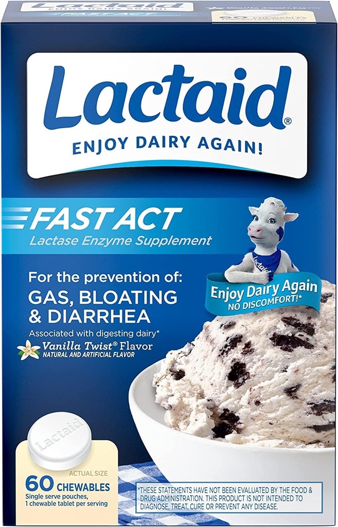 Lactaid Fast Act Lactosa Intolerance Relief Chewables with Lactase Enzyme to Prevent Gas, Floating & Diarhea Vzhledem k LactoseSensitivity, Ideální pro cestování & On- the-, Vanilla Twist, 60 Balení 1-ct. (5pk)