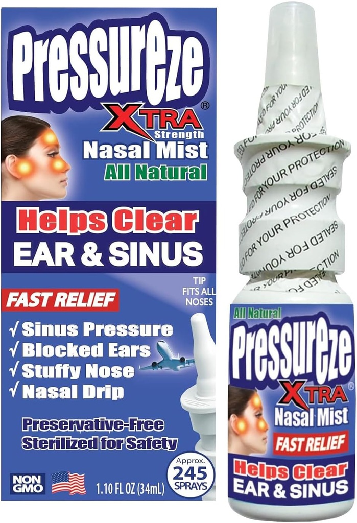 Pressureze Xtra - Natural- Preservative Free - Sterilní Nasal Spray - pro těžké Sinusové zácpy Relief - Otevře blokované ušní kanály, Snoring - 245 Spreys, 34 ml (Balení po 1)
