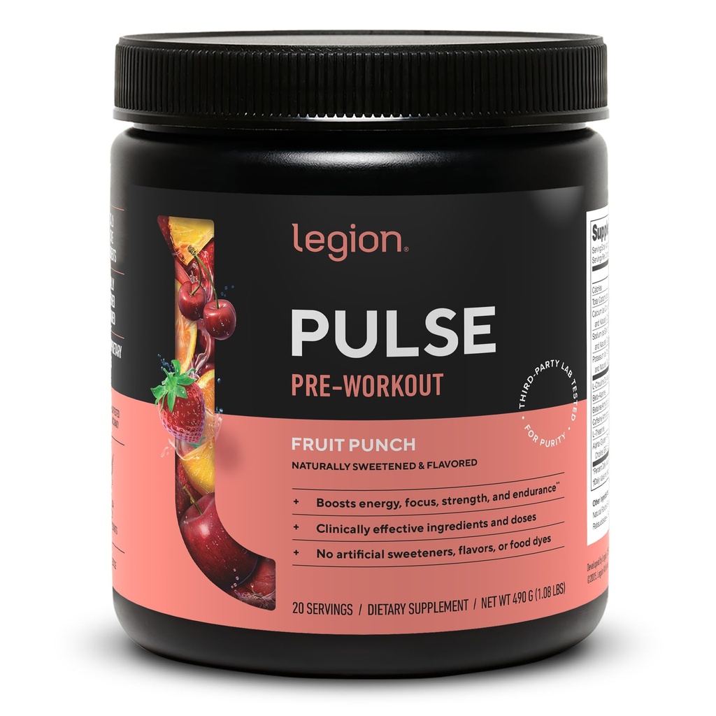 Legion Pulse Pre Workout Dodatek - Všechny přírodní oxid dusnatý Precvičení nápoj na zvýšení energie, kreatin zdarma, přirozeně slazené, Beta Alanin, Citrulline, Alfa GPC (Ovocný punč)