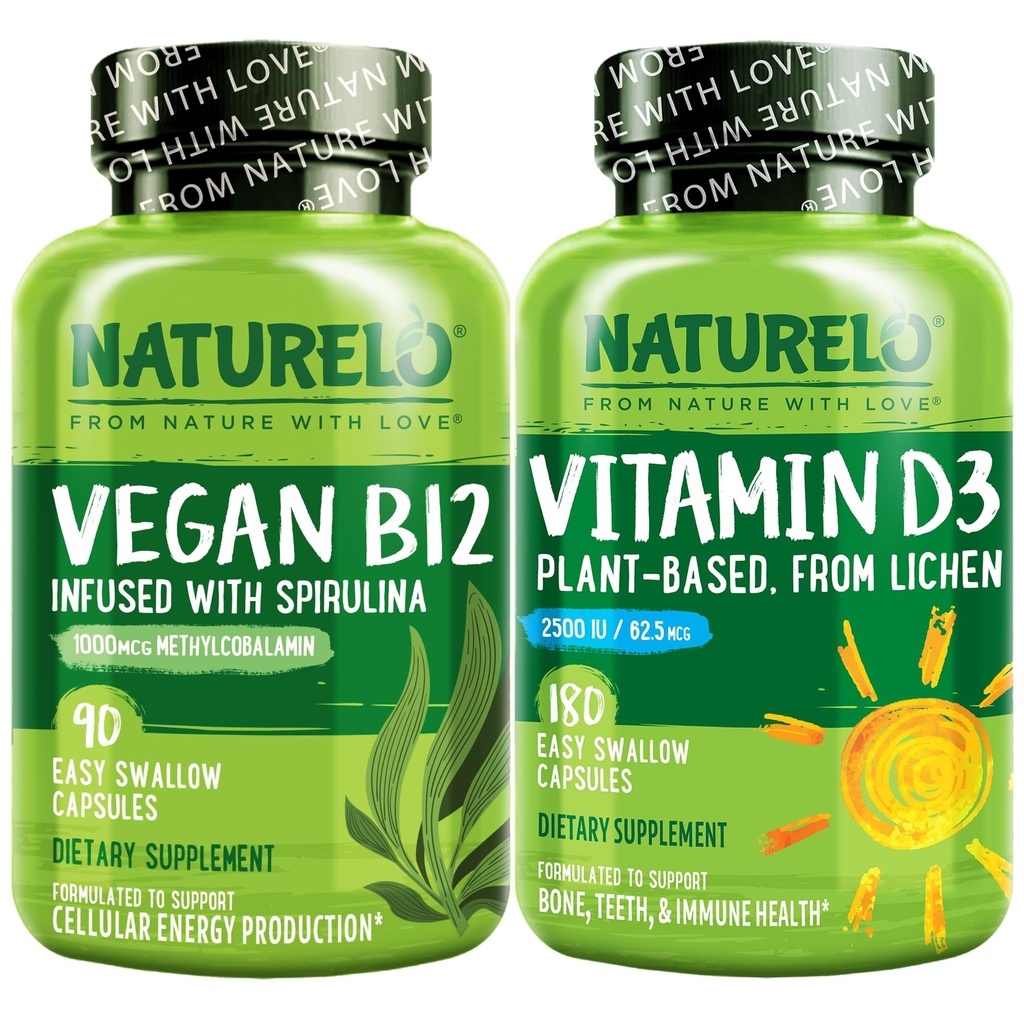NATURELO Vitamin D - rostlinná látka z Lichen - 180 Mini kapsle, Vegan B12, 1000 mcg methylkobalamin - 90 tobolek