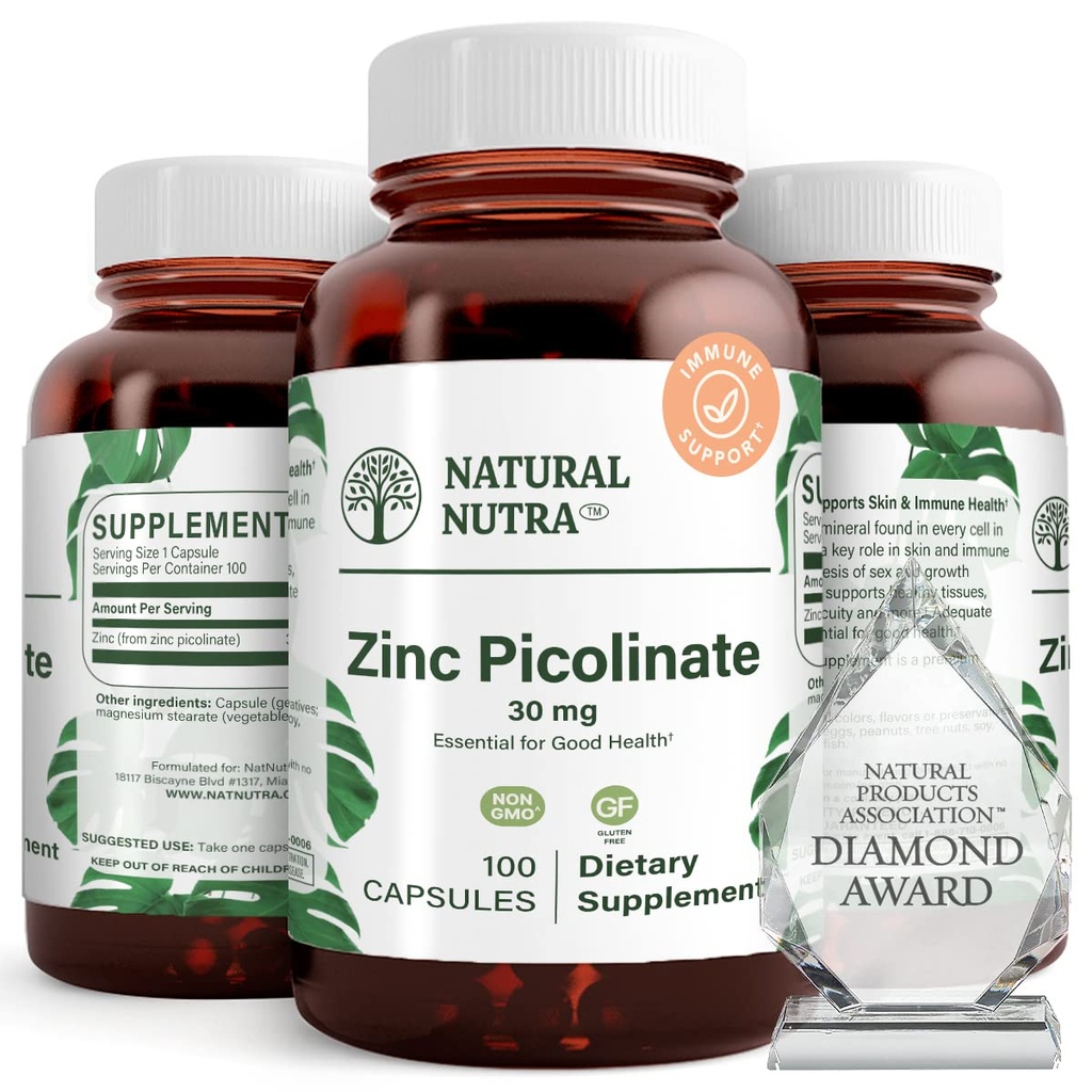 Natural Nutra zink Picolinát 30 mg, dvojité síly, syrové a čisté, vysoce biologicky dostupný doplněk pro růst a imunitní podporu, pomáhá podporovat zdraví kůže, pomáhá podporovat metabolický systém 100 Kapsle
