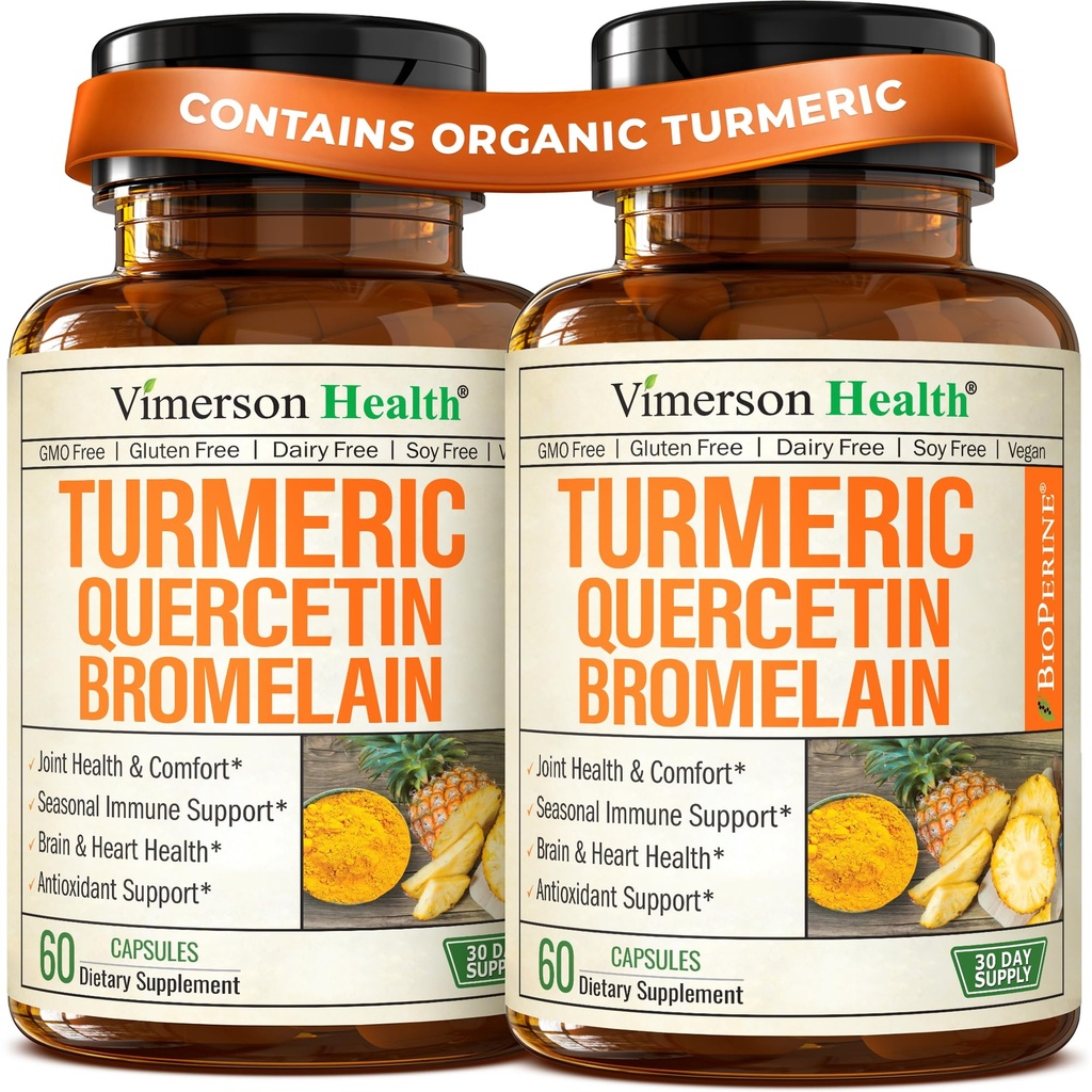 Quercetin s doplňkem Bromelain Turmeric Curcumin - alergická pomoc, společná a imunitní podpora - Organic Turmeric Supplement s Black Pepper (Bioperin) - Quercetin 500mg Kapsle 2 Pack