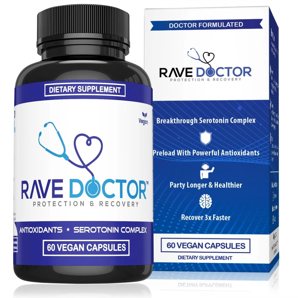 Rave Doctor 5 HTP dodatek - Základní Rave Vitamíny pro Festival Goers, Rave Příslušenství, Festival Essentials, Festival Gear, Rave Essentials, 5htp Dodatek