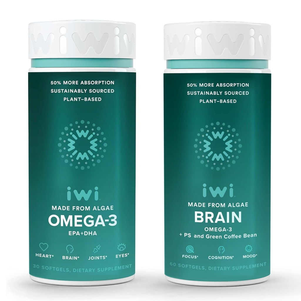 Iwi Omega33 & Brain Omega33 Bundle, 30 Serving, Vegan Plant- Based Algae Omega 3 s EPA + DHA, Krill & Fish Oil Alternative, No Fishy Aftertact