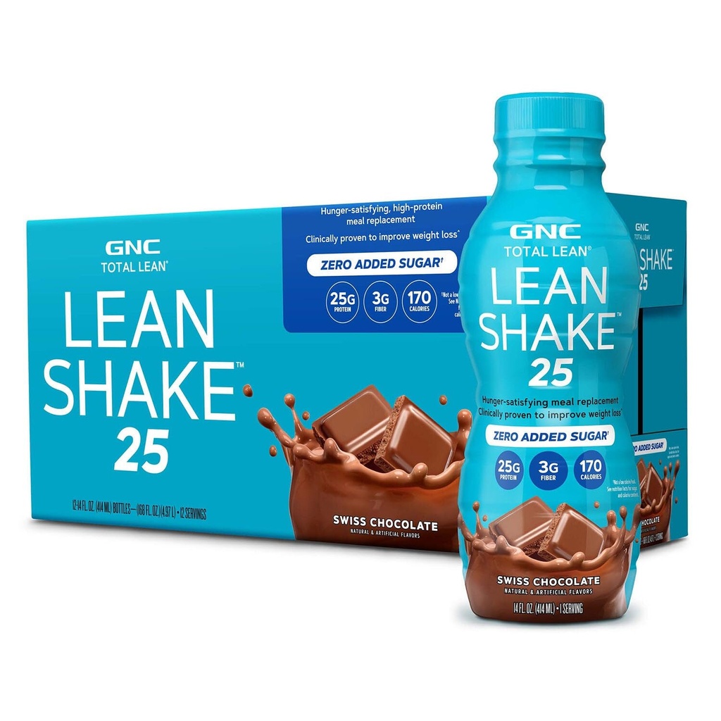 GNC Lean Shake 25 protein Shake, Klinicky osvědčené řízení hmotnosti, Výměna jídla, 25g protein s nulovým přidaným cukrem, připraven k pití, švýcarská čokoláda, balení 12