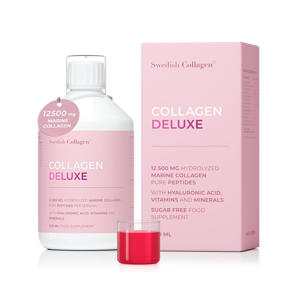 Swedish Collagen Deluxe 124; 12,500 mg Hydrolyzované Marine Collagen Liquid Supplement - 500 ml, 20 Day Supply 124; Hyaluronic acid, Biotin a vitamin C na podporu zdravé vlasy, kůže, hřebíky 124; Sugar- zdarma