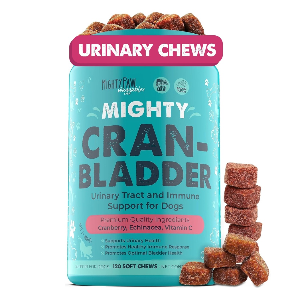 Mighty Paw Waggables Cran- Blinder (Made in the USA) 124; Vet Difficiated Cranberry Supplement for Dogs - Cranberry Chews for Dogs, Podpora močových cest a močových měchýřů, Bacon ochucené, 120 Soft Chews