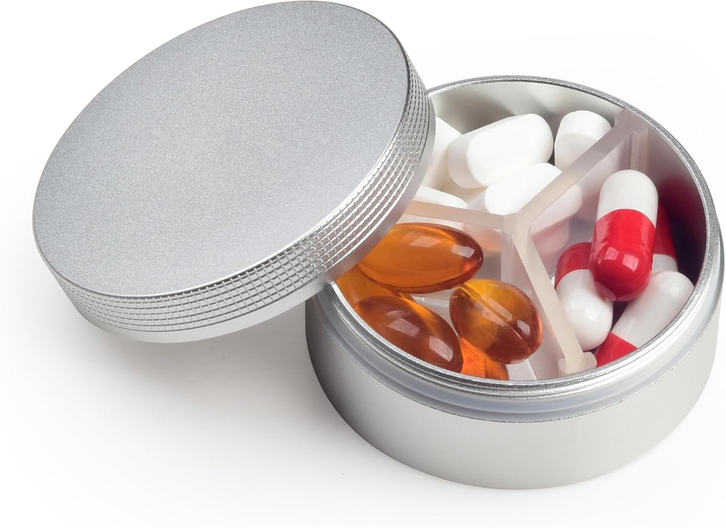 Malý Pouzdro 3 Compartments, Metal Round Portable Pill Box, Vodotěsný Travel Pill Organizátor, Kapesní Purse Medicine Držák vitaminu EDC Kontejner (Silver)