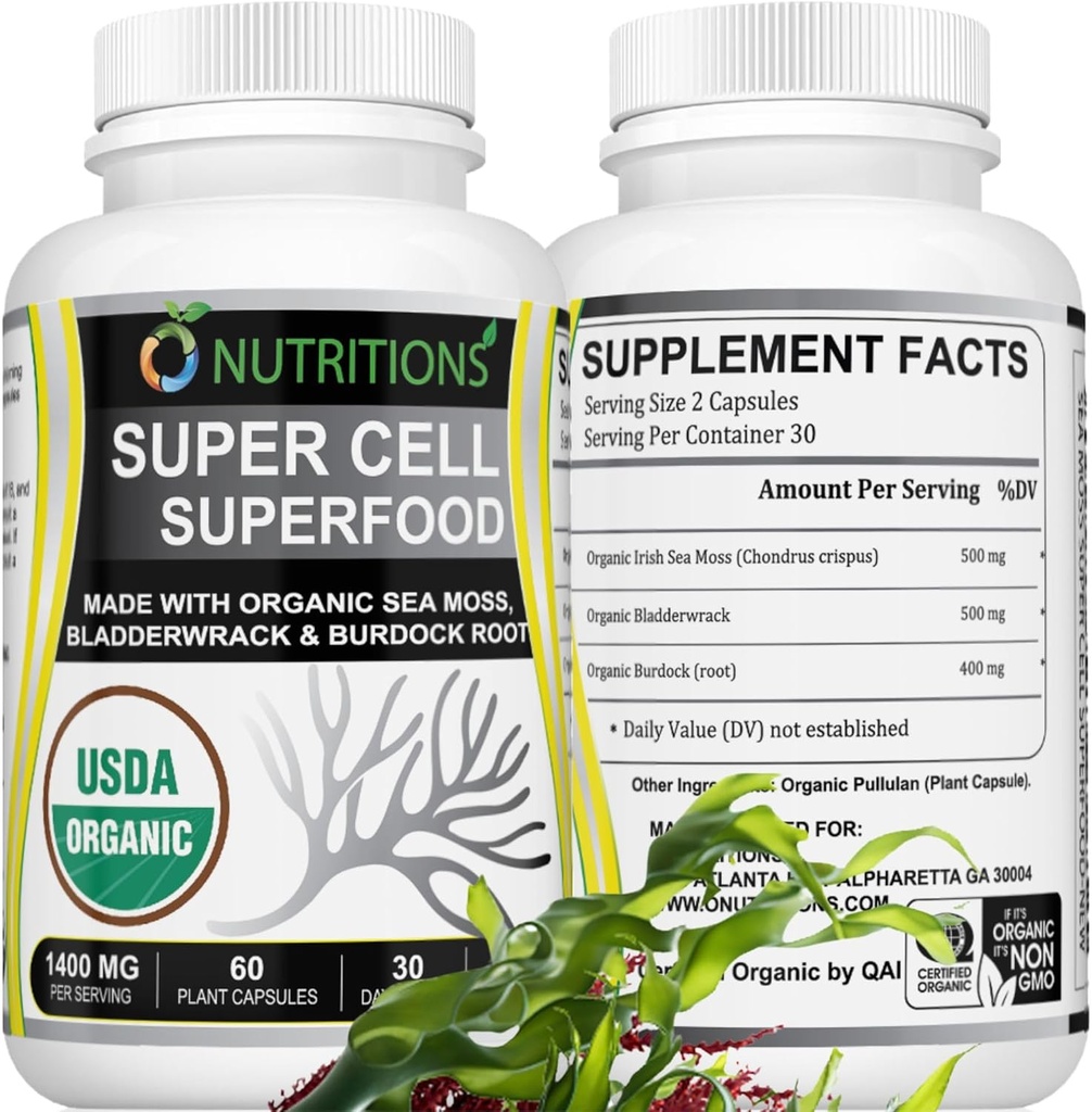 Mořský Moss 60 Kapsle USDA Certified Organic Irish Moss Kapsle s Bladderwrack & Burdock Root - Doplněk pro imunitní podporu pro muže a ženy - Womens Vitamíny a Mens Vitamíny (1 balení)