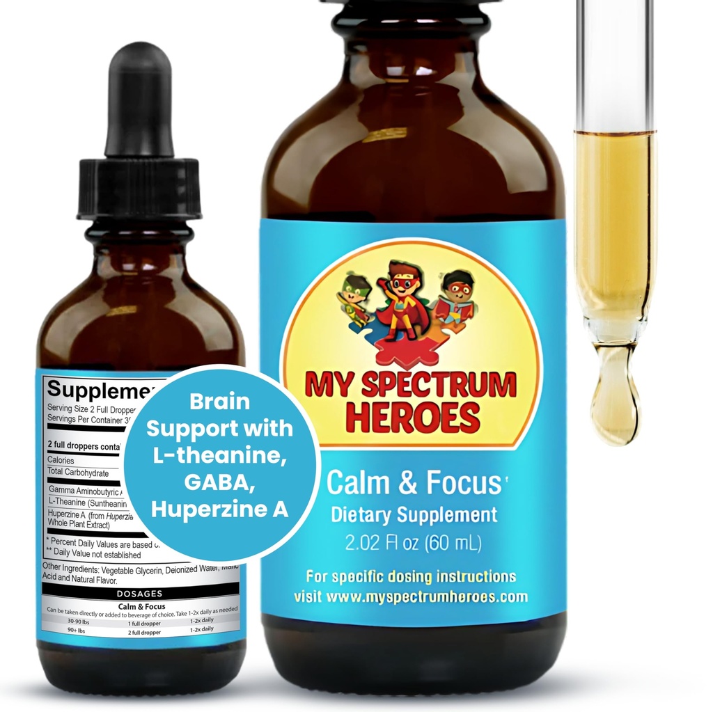 My Spectrum Heroes Contribute & Focus Downs - Brain Support with L-theanine, GABA, Huperzine A - Enhance Focus for Kids or Dospělí - Boost Koncentrace pro děti & Teens - 2.02 FL oz. (60 ml)