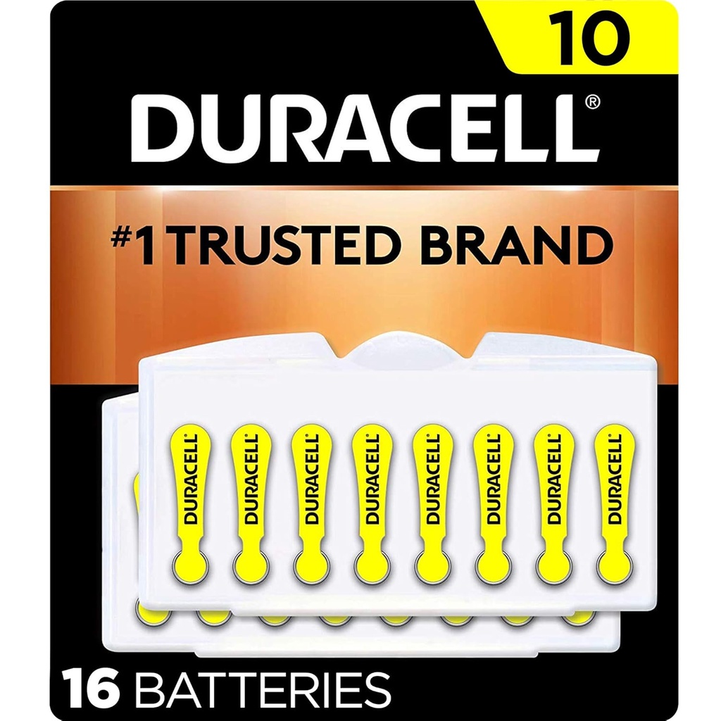 Duracell Sluchové pomůcky Baterie Žlutá velikost 10, 16 Hrací balení, 10A Velikost Sluchové pomůcky Baterie s dlouhotrvající výkon, Extra- Long EasyTab Instalace pro zařízení pro pomoc sluchu