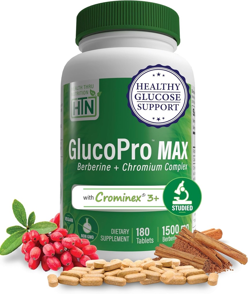 Zdraví Thru Nutrition GlucoPro Max - s 1,500mg Berberine, Chrominex + Chromim, a 1,000mg Skořice 124; Vegan, Non- GMO, gluten zdarma 124; Balení 180