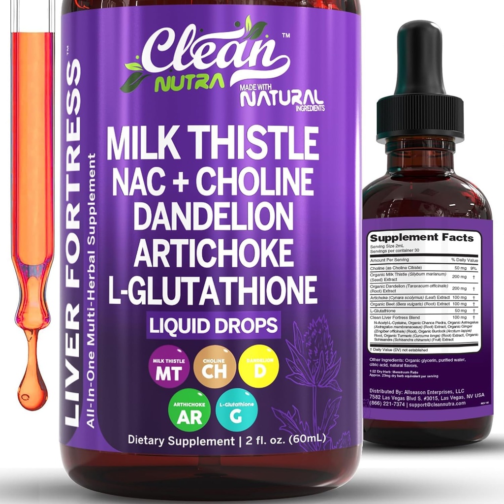 Clean Nutraceuticals Mléko Thistle NAC Játra čistící detox a opravy dodatek Podpora jater Tekuté Kapky s Dandelion Extract, Artichod, Chanca Piedra, Cholin, L-Glutathione, Burdock, Schisandra