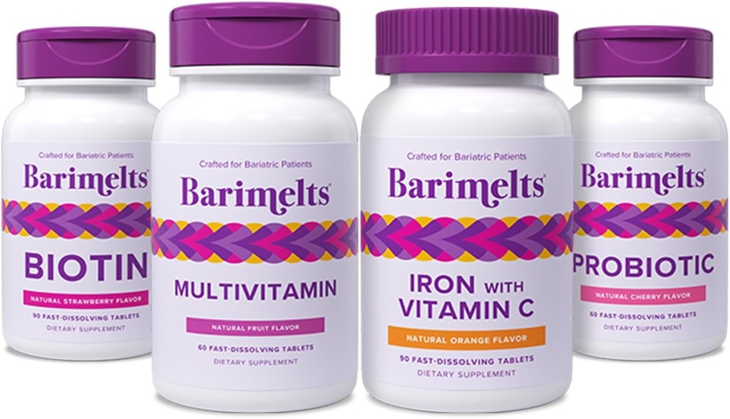 BariMelts Kompletní Post- Bariatrické chirurgie Bundle - Multivitamin, Železo s vitamínem C, Biotin, a Probiotika