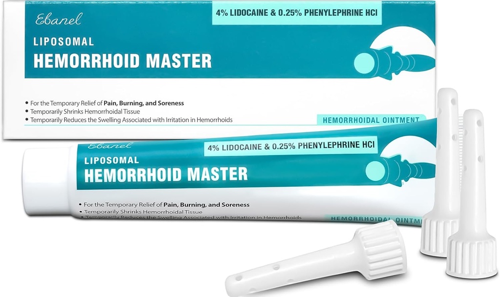 Ebanel 4% Lidokain Hemoroid Léčba Mast s fenylefrin, Hydrokortizon, Vitamíny B6, D3, E, oxid zinečnatý, Vnější a vnitřní hemoroidy Léčba popáleniny Bolest Relief Anální krém