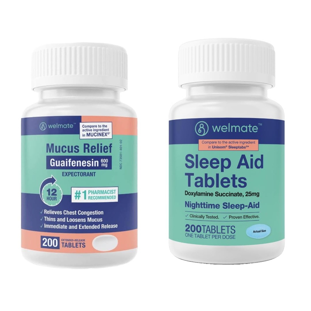 WELMATE Nighttime Wellness Bundle: Mucus Relief Guaifenesin 600mg Mucus Relief (200 Ct) & Doxylamin Successinate 25mg Sleep Aid (200 Ct) Is124; Extended Relief for Restful Sleep