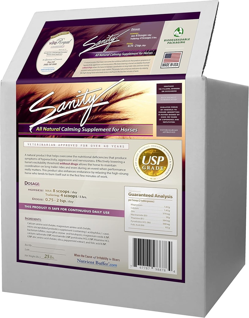 Sanity - Equine Behavioral Calming Focus Supplement for Horses - Magnesium, vápník, zinek, B vitaminy, aminokyseliny, probiotika, thiamin, kyselina listová, niacin, peppermint & Více