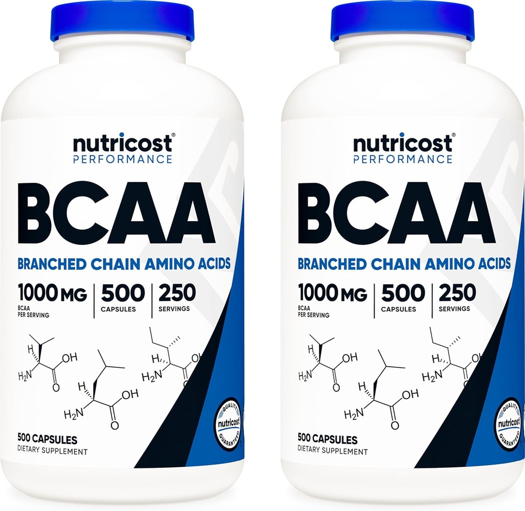Nutricost BCAA 1000mg, 500 kapslí (250 Serv), 2: 1: 1 Aminokyseliny s rozvětveným řetězcem (500 mg L- Leucinu, 250mg L- isoleucinu a L- Valinu) (2 lahve)