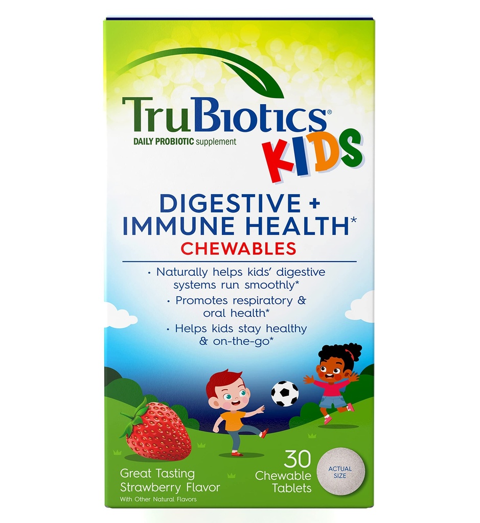 TruBiotics Probiotika pro děti stravitelné a imunitní podporu zdraví, Sugar- Free Chewable Kids Probiotic na pomoc udržet zdravé Tummy, přírodní jahodové aroma, 30 tablet