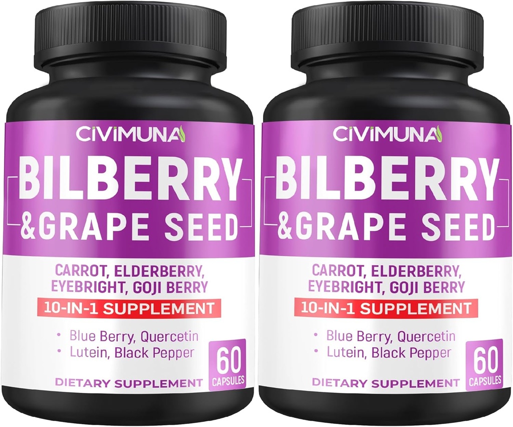 Borůvky Kapsle s Bilberry, Grape Seed, Mrkev, Elderberry a další - 120 Kapsle forr 4 měsíce Dodávka (Balení po 2)