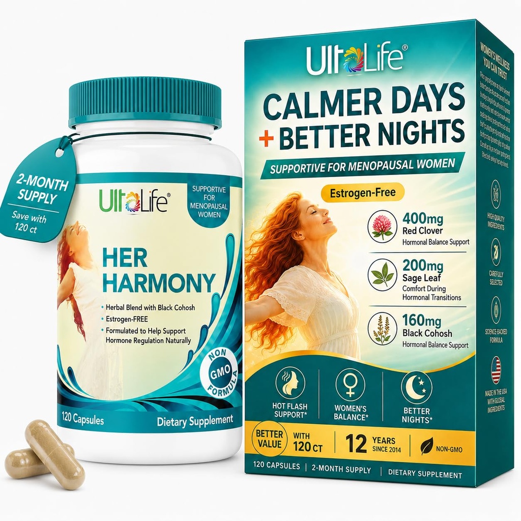 UltaLife Her Harmony Menopauza doplňky pro ženy - Hot Flashes Menopause Relief & Hormon Balance pro ženy - Obsahuje Black Cohosh, Dong Quai, Red Clover & More - Estrogen zdarma - 120 Kapsle