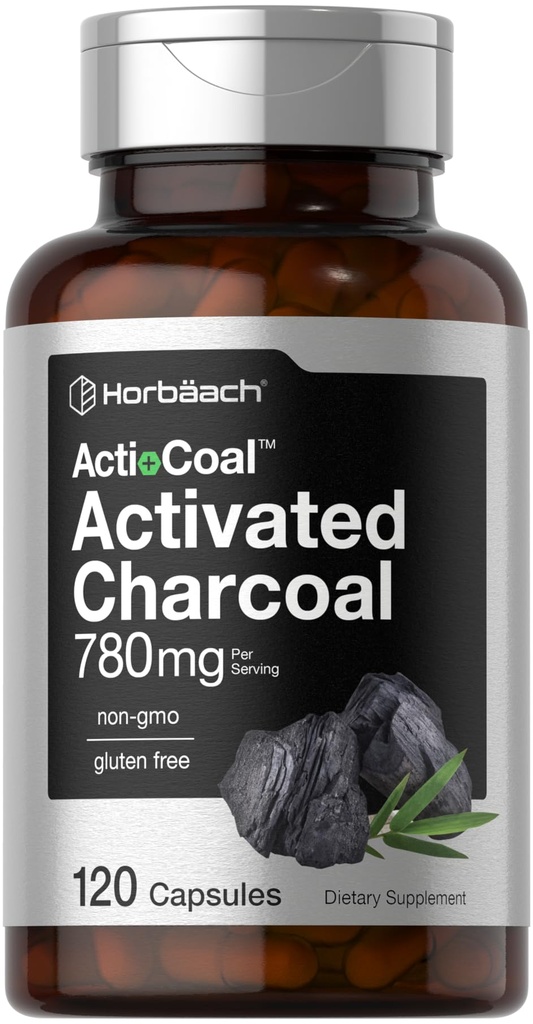 Horbäach Charcoal Pills 780mg PHARMAN 124; 120 Kapsle PHARMAL 124; Aktivované Charcoal z Coconut Shells PHARMAN 124; Non- GMO and Gluten Free PHARMAL 124; Active-Coal
