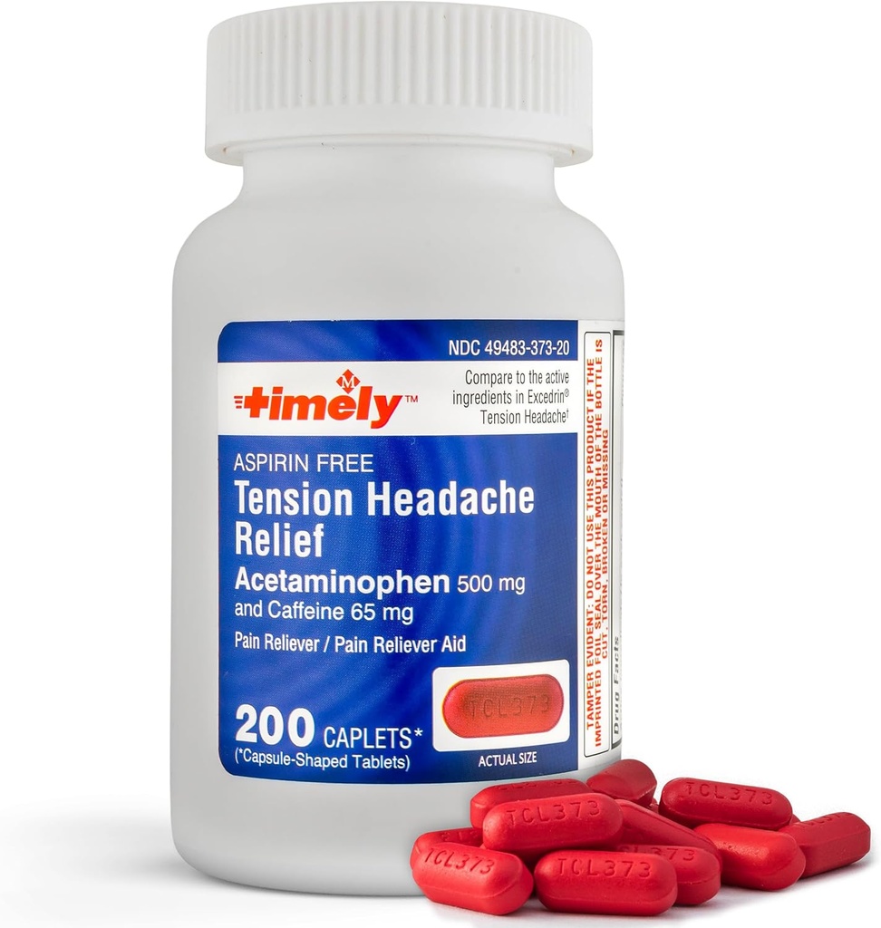 Časově - 200 Kaplet - Napětí bolest hlavy a bolest Spolehlivost s Acetaminophen 500 mg a kofein 65 mg Extra síla pro hlavu, krk, rameno a tělo bolest Reliever, Aspirin Free - Made in USA