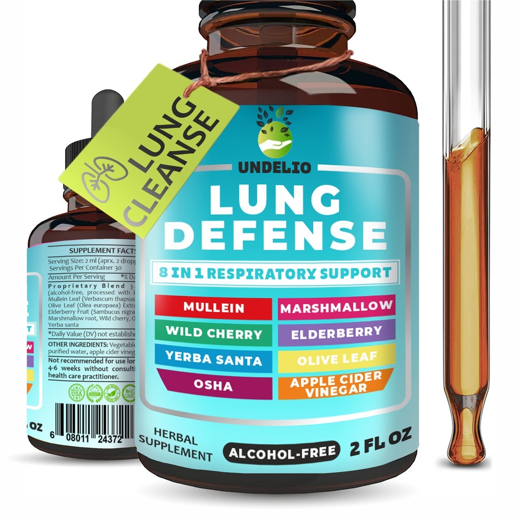 8 in 1 Lung Defense Herbal Extract, Blend (Mullein-Marshmallow-OSHA-Wild Cherry-Elderberry-Yerba Santa-Olive Acv) Lung Cleanse, Respirační a imunitní systém Podpora. Tekutý dodatek 2 OZ