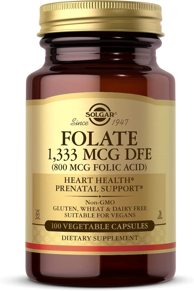 Solgar Folate 1,333 mcg Diether Folate Ekvivalent (800 mcg kyseliny listové), 100 Zeleninové kapsle - Zdraví srdce, Zdravý nervový systém, Prenatal Support - Non- GMO, Vegan, Gluten Free - 100 Služeb