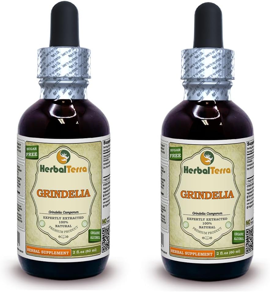 Grindelia (Grindelia Camporum) tinktura, sušený bylinný tekutý extrakt (značka: HerbalTerra, Prooudly Made in USA) 2x2 fl.oz (2x60 ml)