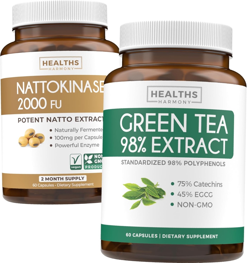 Nattokinase & Green Tea (1-Month Supply) Energy Boost Bundle - Nattokinase 2000 FU Výkonné přirozeně fermentované Soybeans (60 Caps) & Green Tea Extract 98% s EGCG (Non- GMO) Přírodní metabolismus Boost